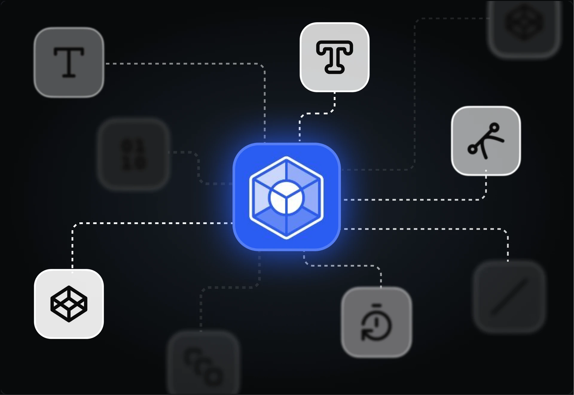A DTCG token icon at the centre, linked by dashed lines to icons for the token types the spec defines: typography, dimension, cubic bézier, duration and the rest.