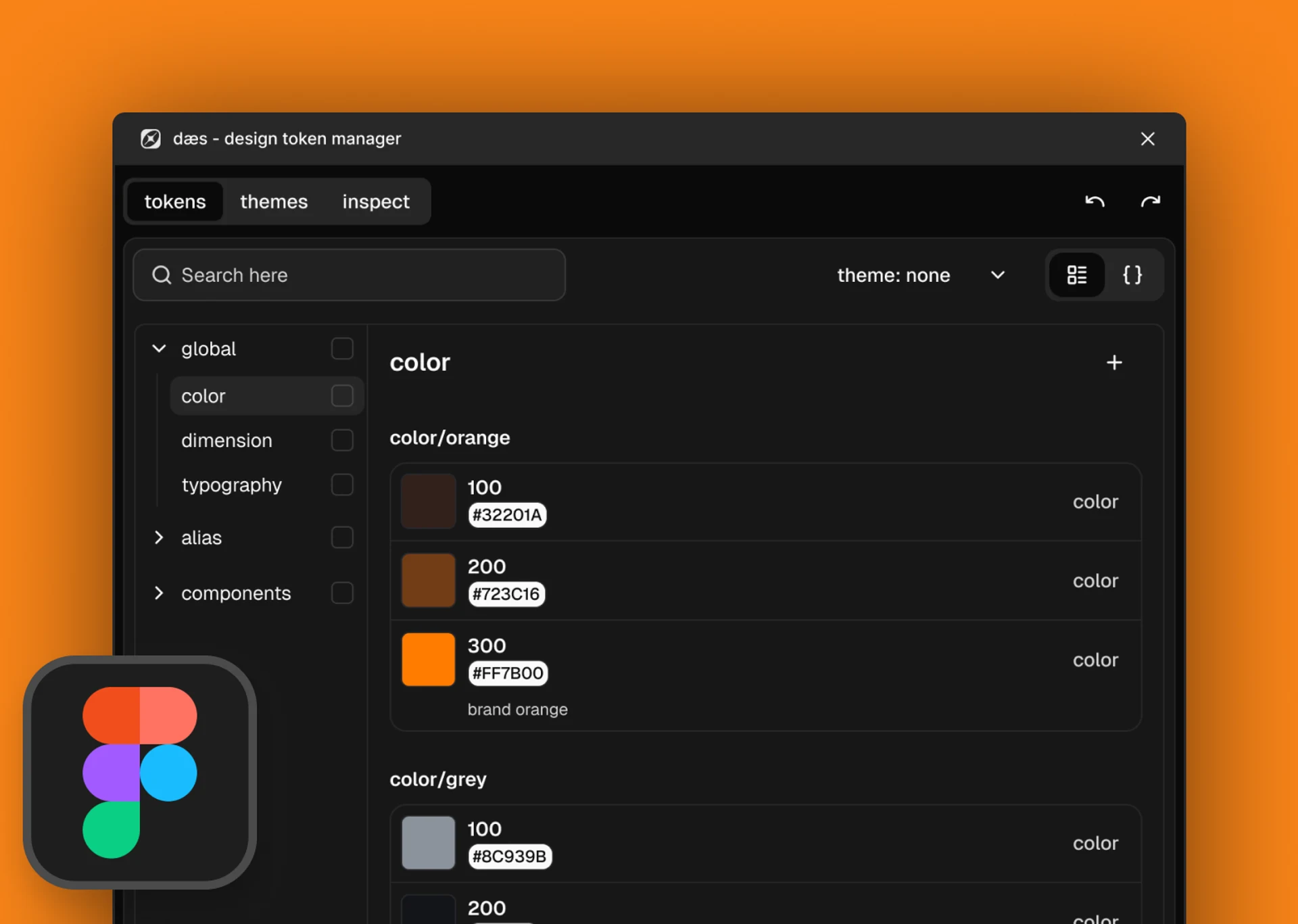 The DAES plugin open in Figma, showing the colour tokens of a global set with their hex values and a resolved brand alias.